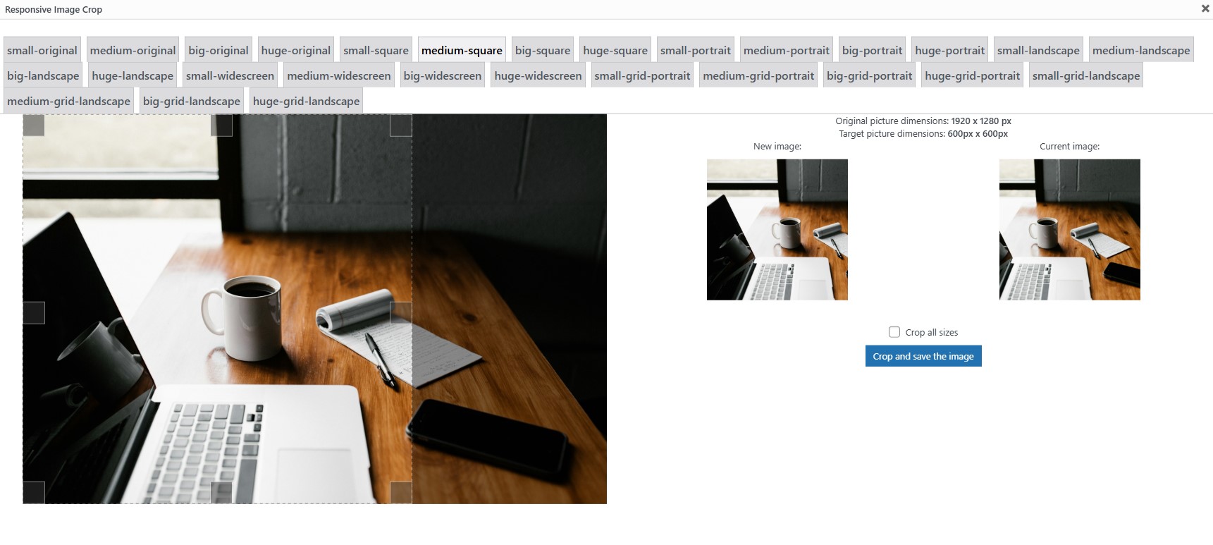 screenshot of a WordPress plugin that crops images responsively